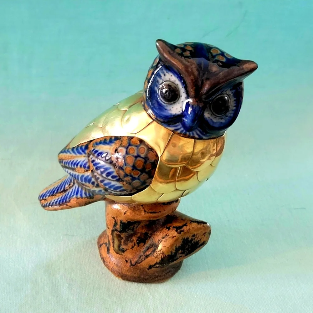 Vintage,Brass, and Ceramic Figurine Blue and Gold Owl Figurine
